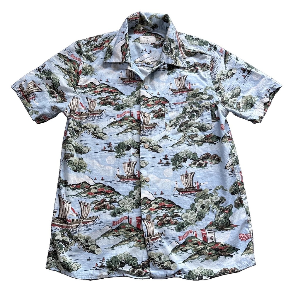 Percival Cuban Camp Collar Shirt Men S Blue Aloha Short Sleeve Japanese Scenic